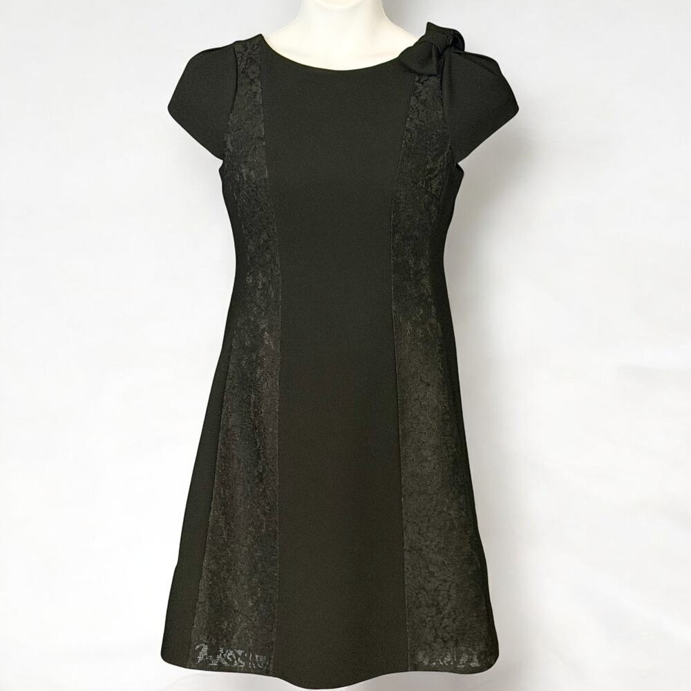 Teri Jon Elegant Black Sheath Dress Lace Panels Bow Shoulder LBD Cap Sleeve Sz 6